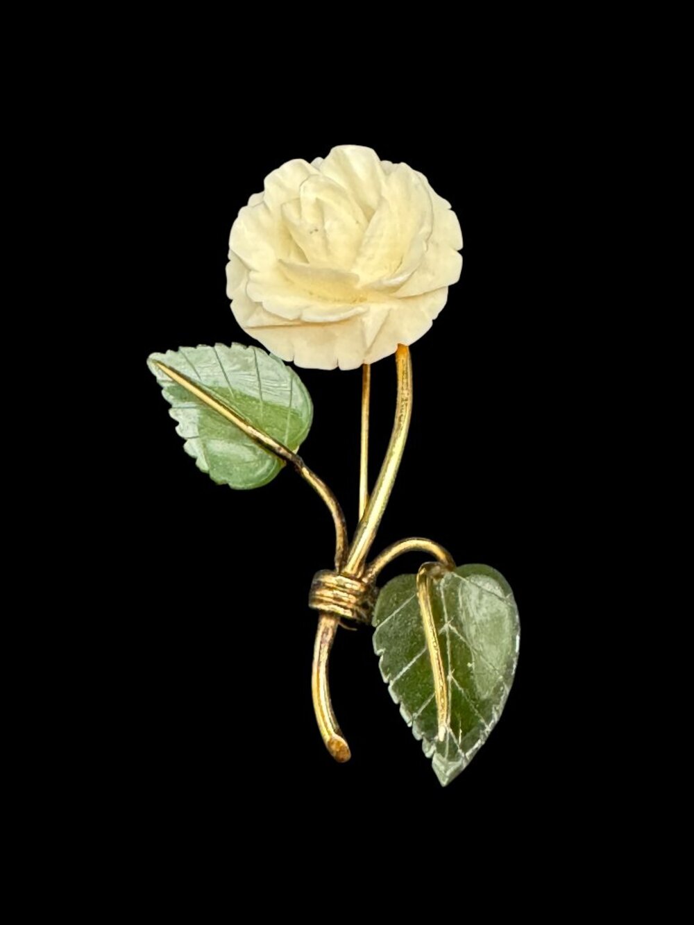 Vintage Ivory White Rose Brooch with Green Leaves on old Tone